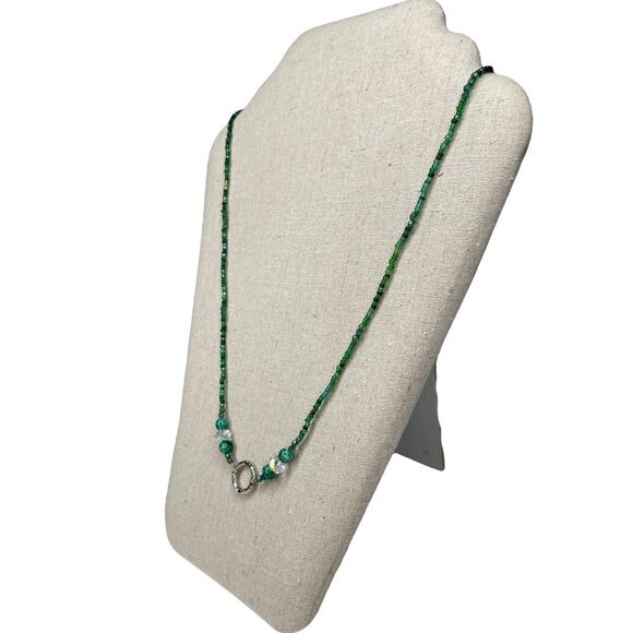 Beaded Necklace Green and Silver Tone Long Necklace Handmade - Picture 9 of 12